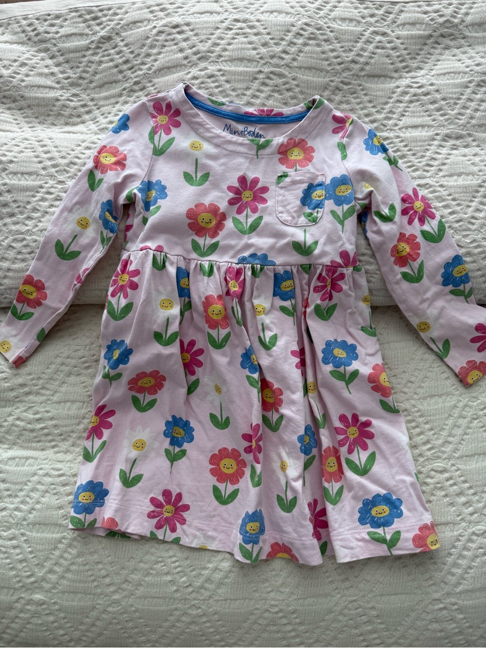 Mini Boden Light Pink Floral Long Sleeve Dress with Smiley Flowers